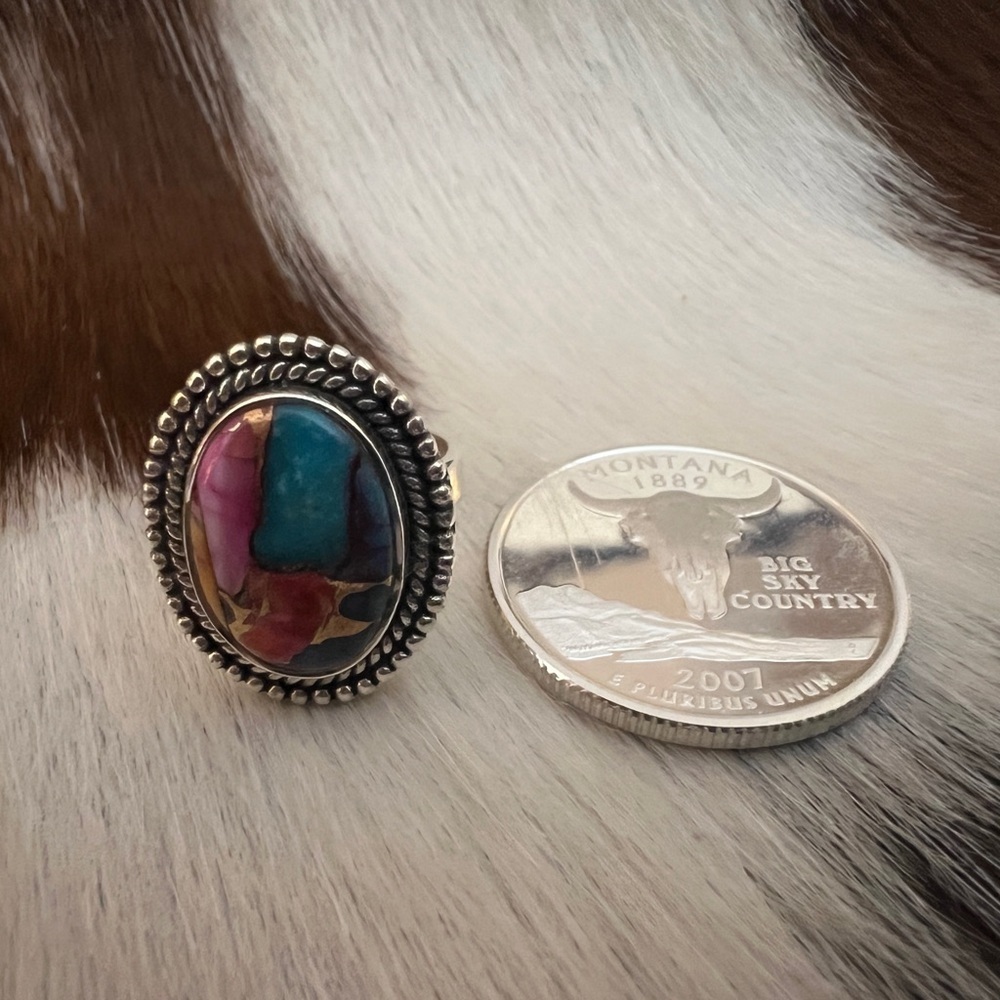 ❤️ Kingman Pink Spiny Oyster Turquoise / Pink Dahlia Navajo Sterling Ring Size 5 - Picture 11 of 15